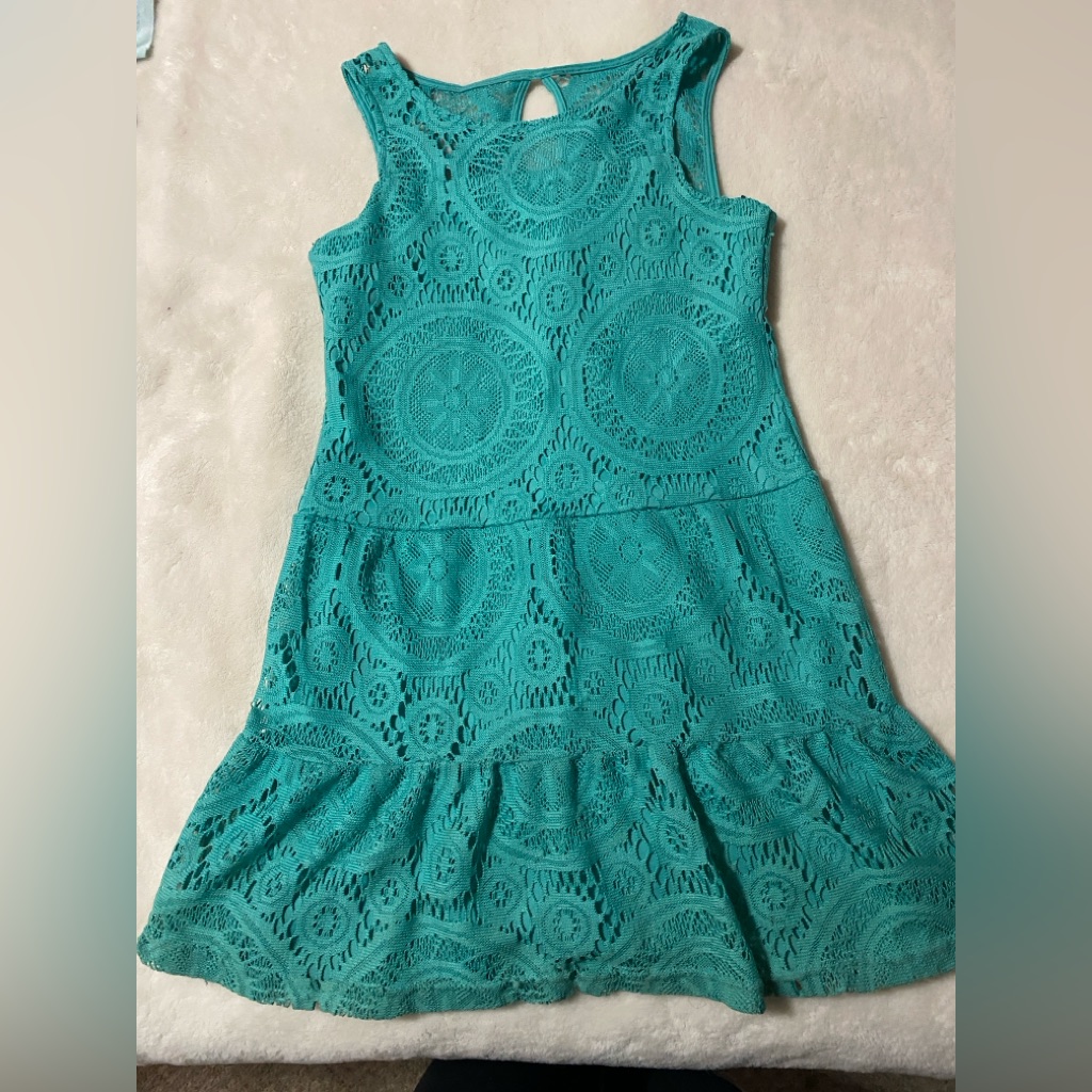 My Michelle Brand Girls Size 10 Lacy Type Blue Green Lines Dress